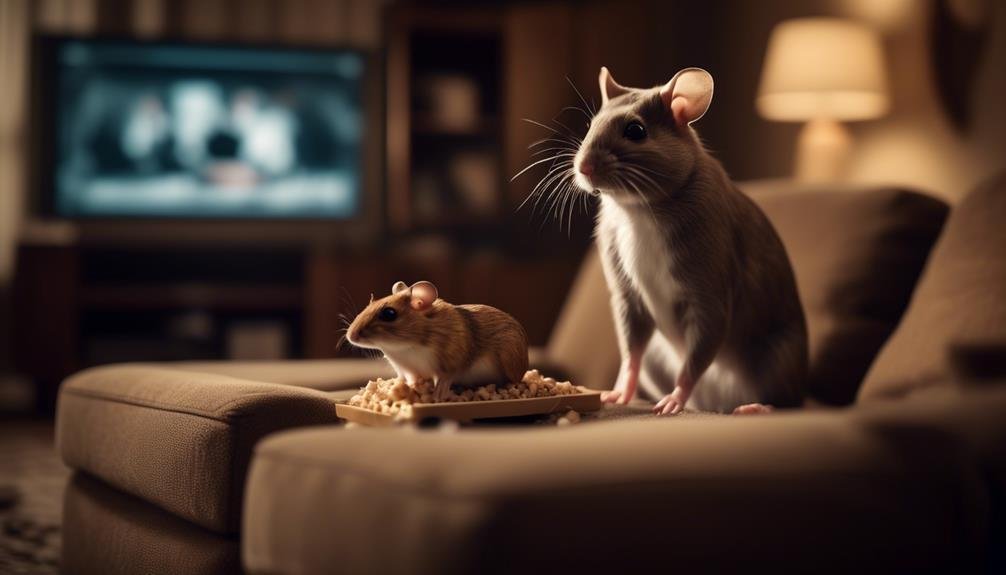 A cat and a mouse sit on a couch near a TV in a dimly lit living room with a lamp in the background.