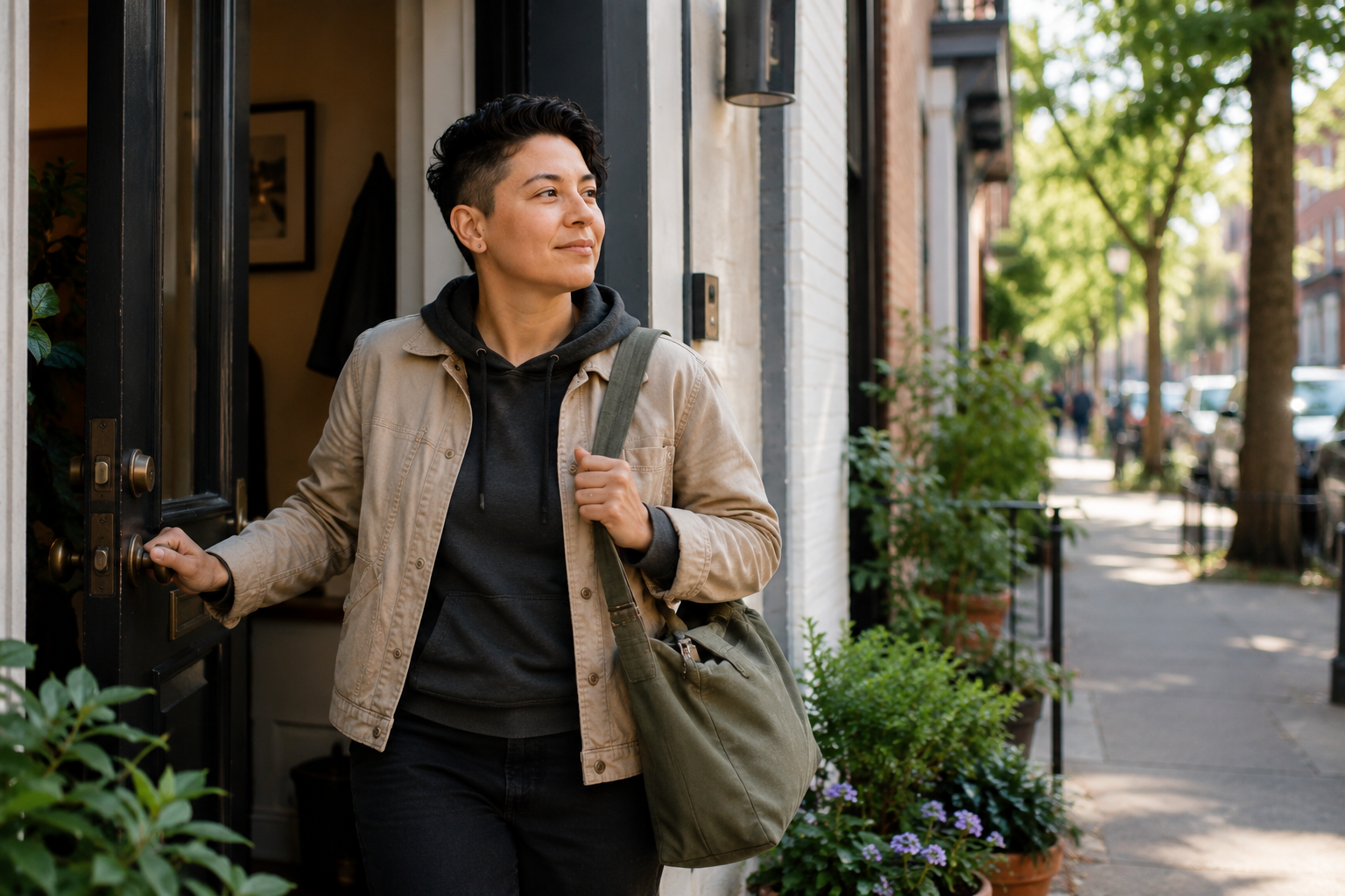 A person with short dark hair, wearing a beige jacket and a dark hoodie, stands at the entrance of a building, holding the door open with one hand and carrying a green bag over their shoulder, on a sidewalk lined with trees and flowers.