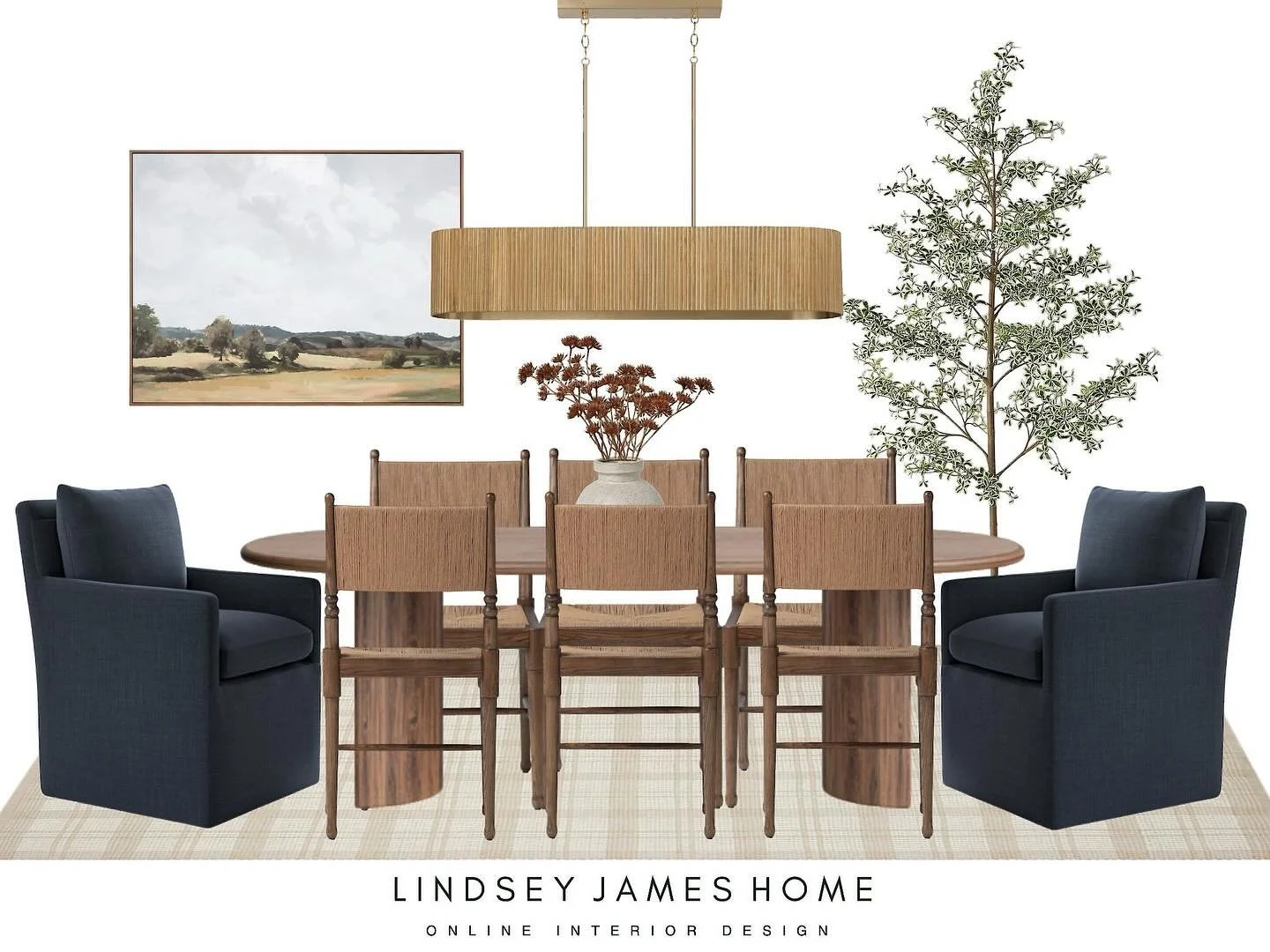 A grounded, organic modern dining room with just the right amount of contrast ✨ Natural wood tones and earthy textures keep things warm and timeless, while deep navy chairs bring in a pop of color that feels both bold and refined. Balanced with soft 