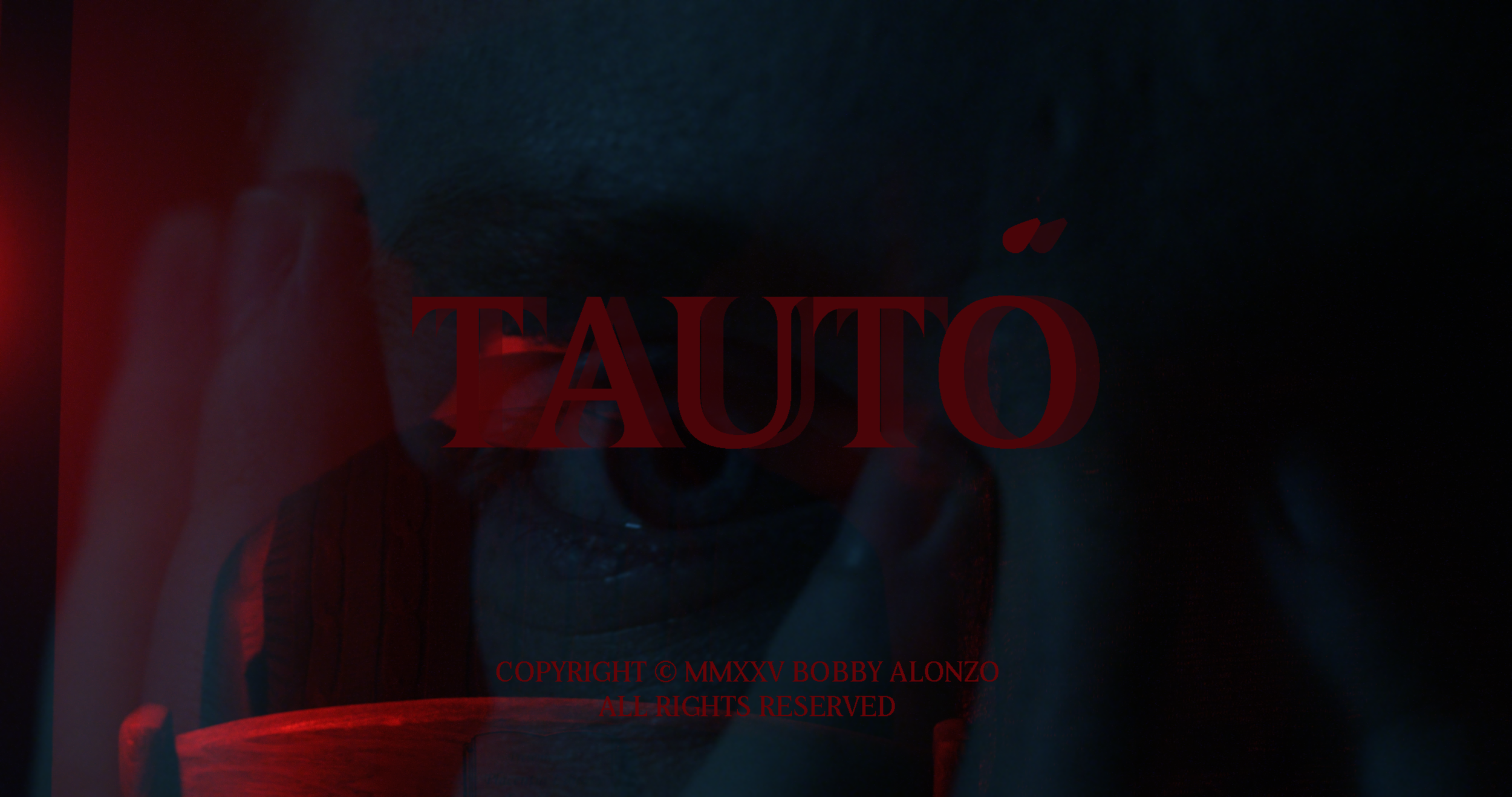 Close-up of a person's face with dark lighting, partially obscured, with text 'TAUTO' and copyright information overlayed.