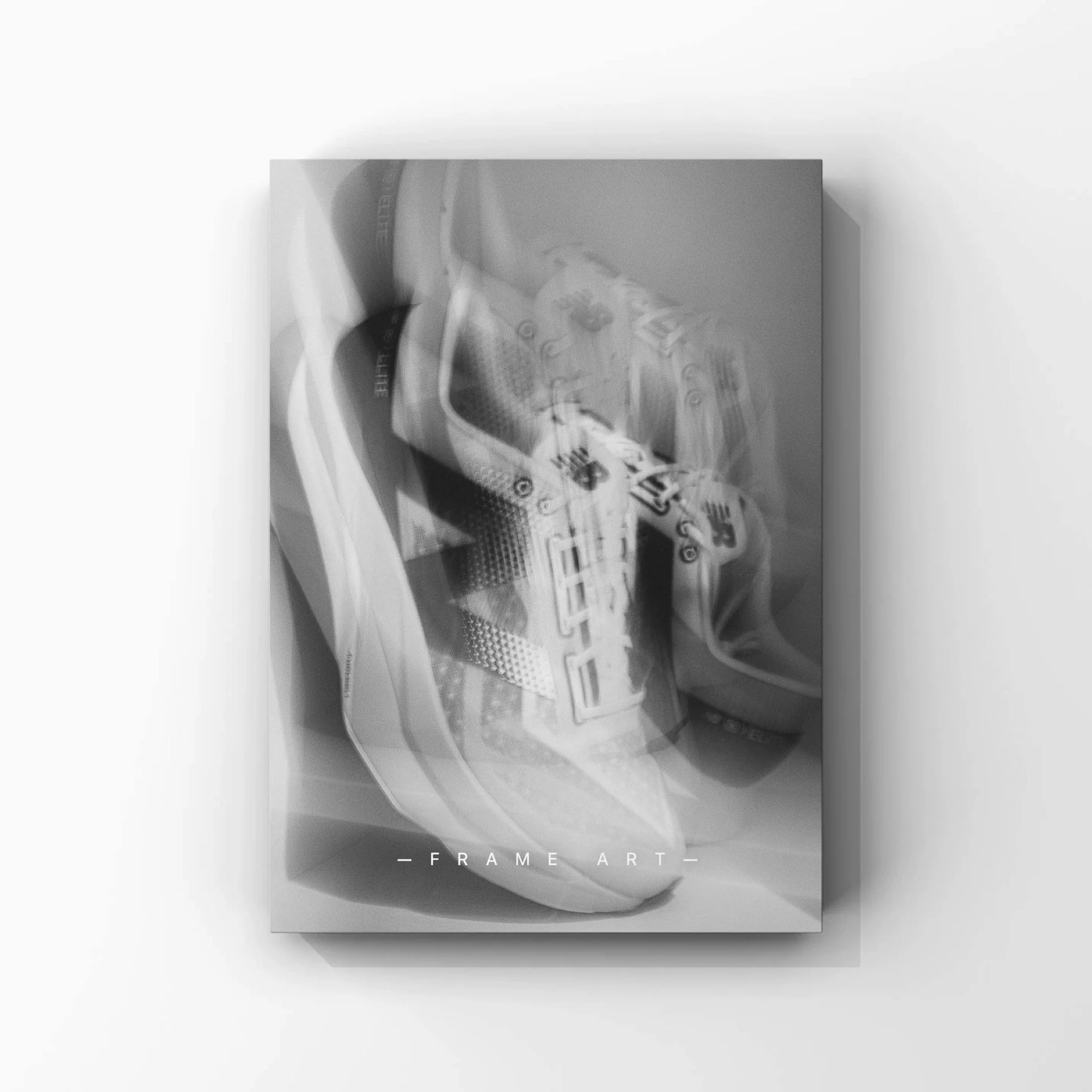 Black and white photo of a New Balance running shoes creating the sense of motion or movement. Leading image of taking action.