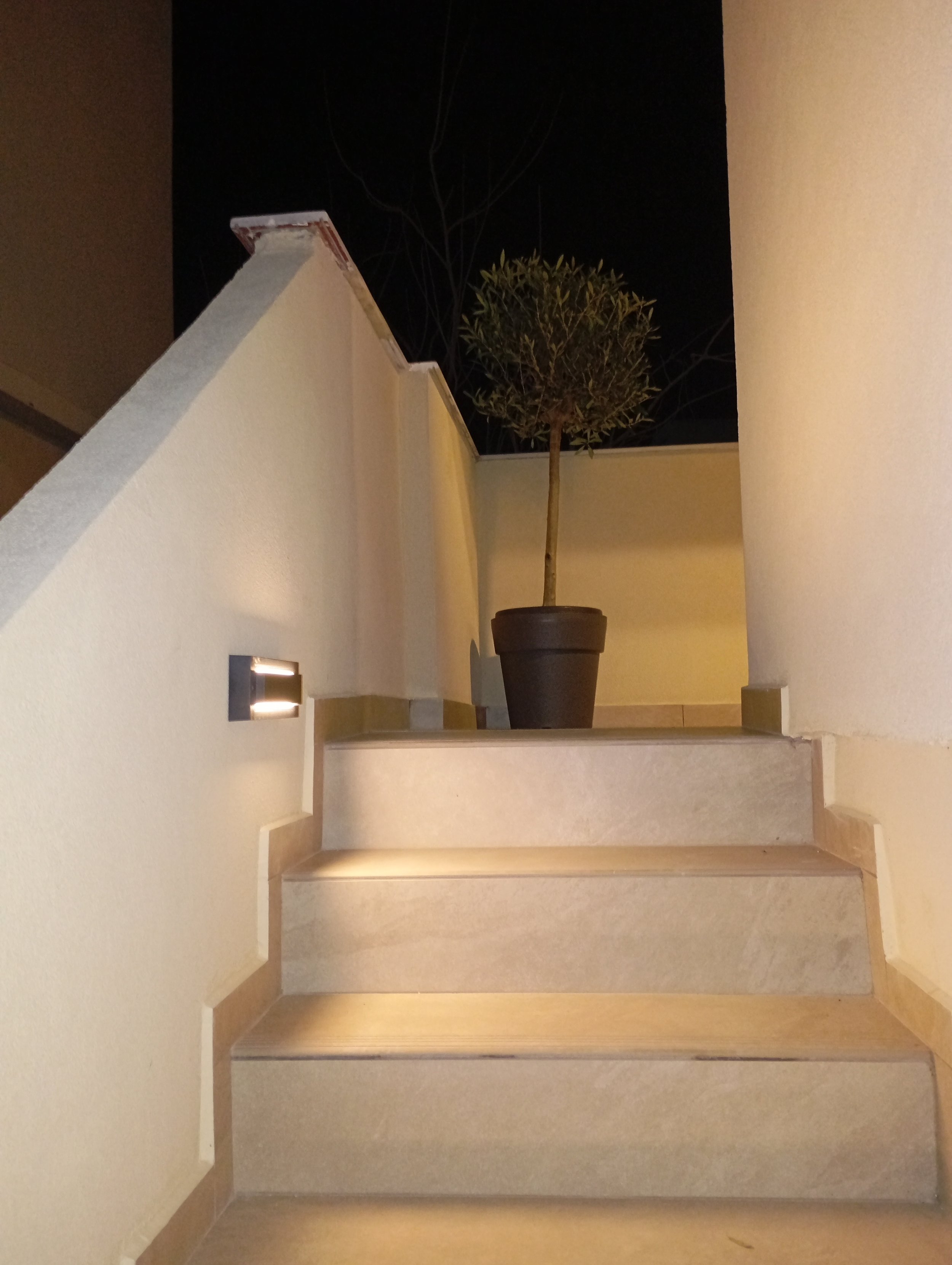 Staircase with beige stone steps and a potted tree on a balcony
