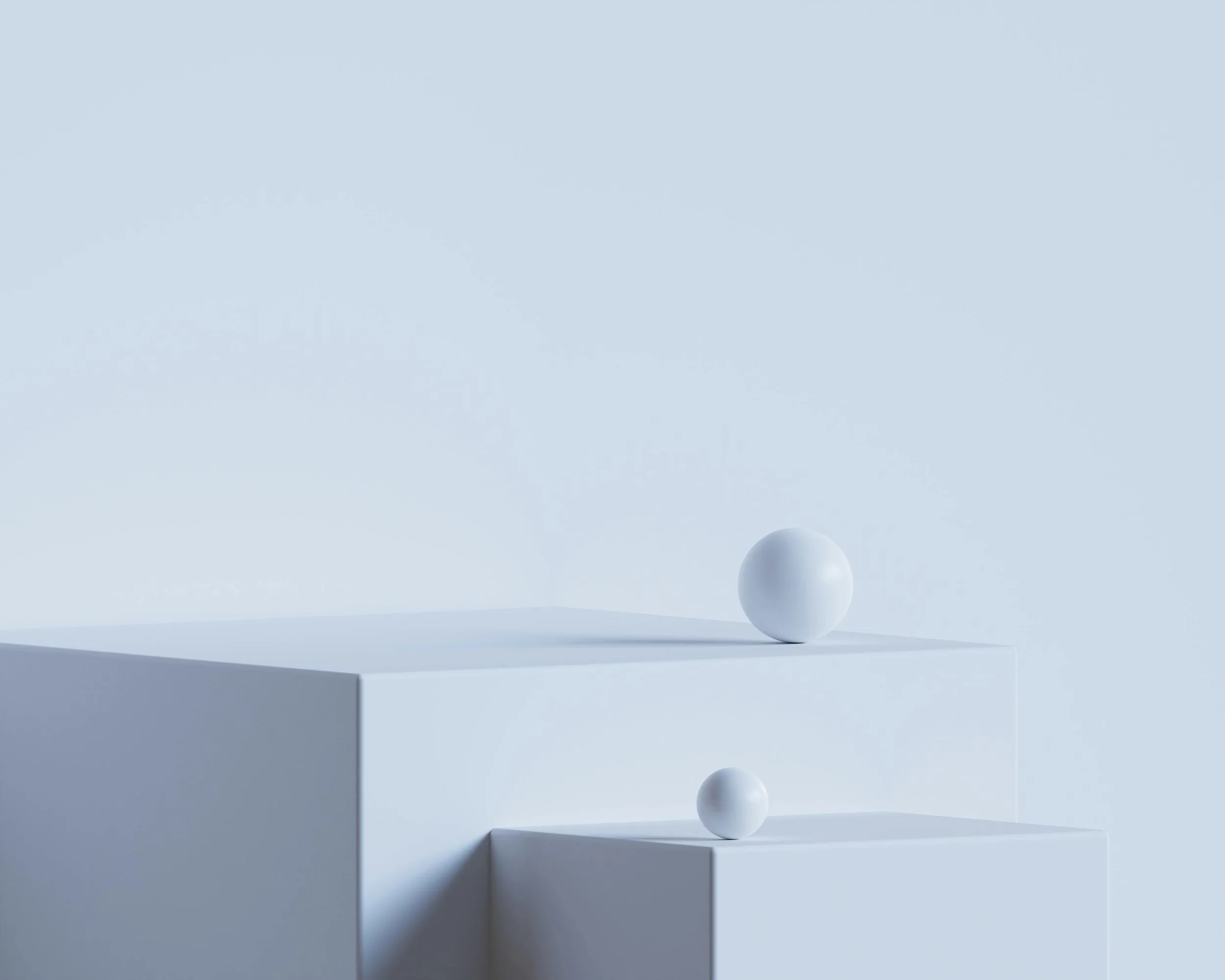Minimalist white spheres on geometric blocks against light blue background symbolizing precision and strategy.
