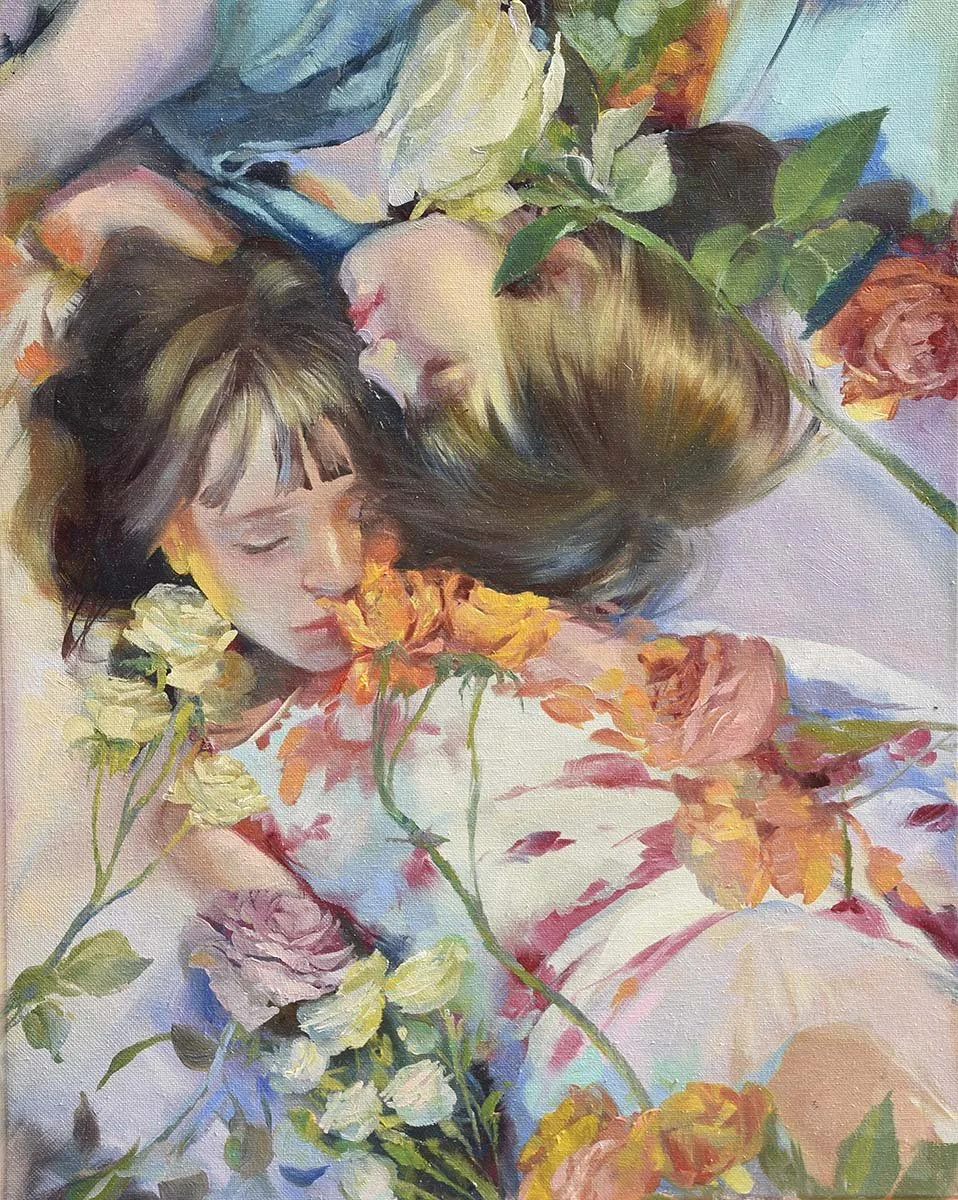 Oil on canvas 16 by 20 inches with a painting with two girls with flowers from Nina Koba Figurative Contemporary Art Collection.