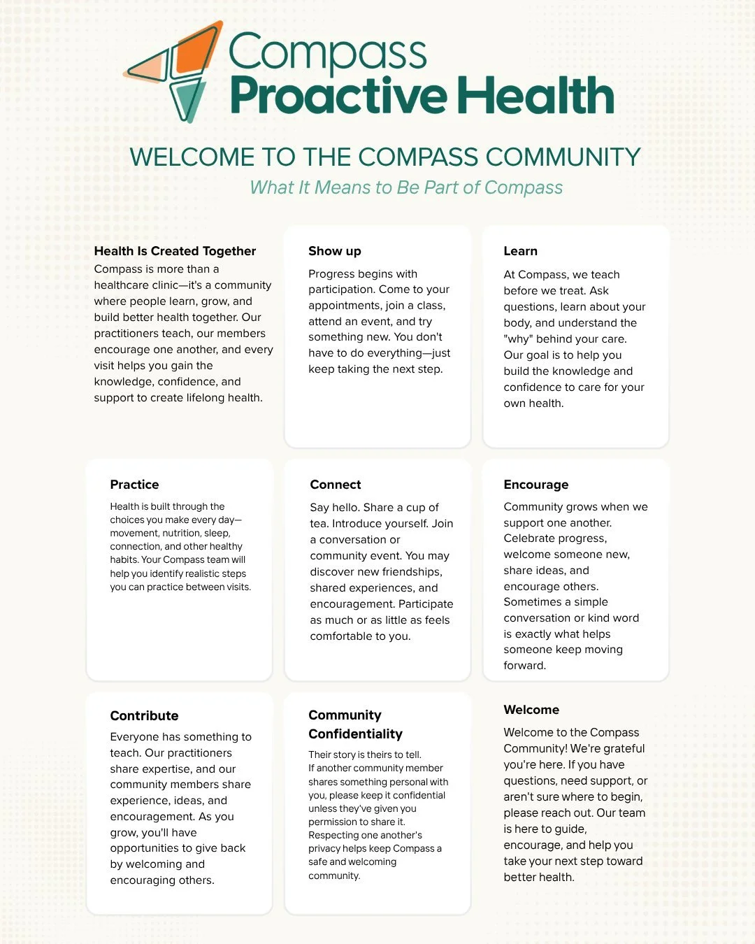 What if healthcare wasn't something that only happened when something went wrong?

At Compass Proactive Health, we believe better health is built over time through education, movement, nourishment, connection, and a care team that helps you understan