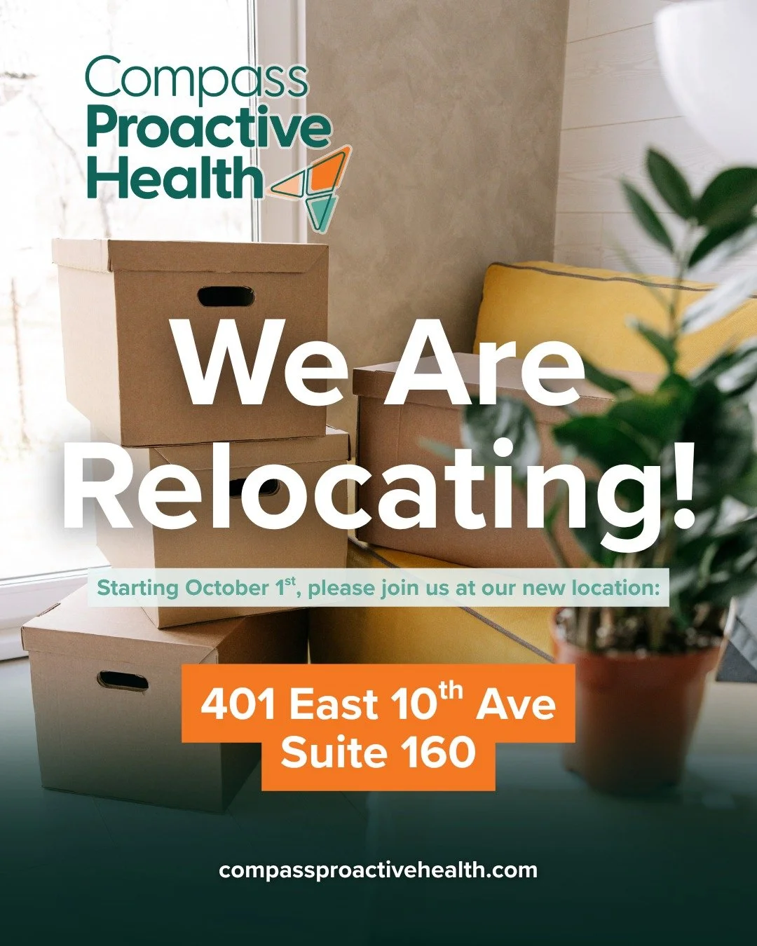 We&rsquo;re growing, and we&rsquo;re moving! 📦🌿

Compass Proactive Health is getting ready to call a new space home, and we&rsquo;re excited for what this next chapter will allow us to bring to our patients and community.

Starting October 1, you&r