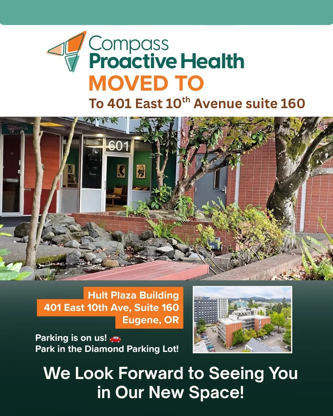 We&rsquo;re making the move! 📦 

Compass Proactive Health is relocating to our new space in the Hult Plaza Building at 401 East 10th Ave, Suite 160, near the east end of 10th where Mill intersects.

To give our team time to get everything ready, we&