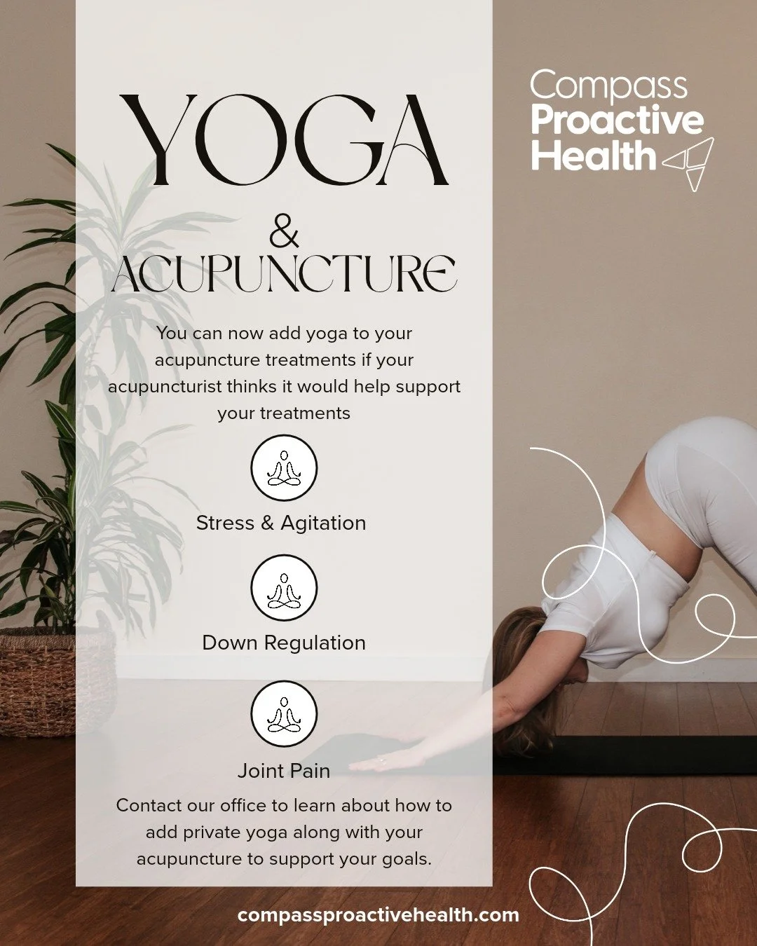 🧘&zwj;♀️ Your acupuncture appointment just got even better!

Did you know you can now incorporate a private yoga session into your care at Compass Proactive Health?

If your acupuncturist feels that yoga could support your treatment and overall well