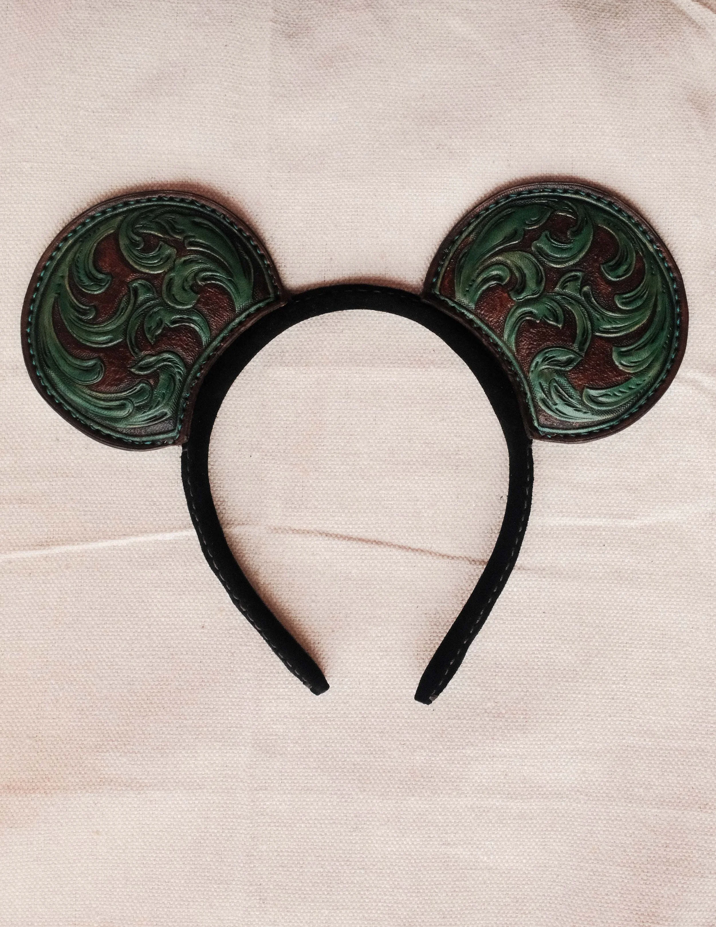 Hand Tooled Leather Theme Park Ears- Western Style Jade