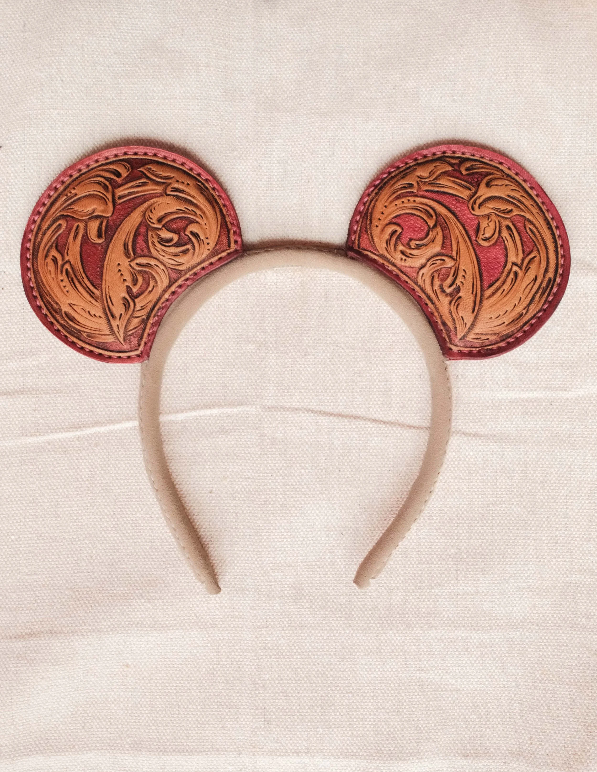 Hand Tooled Leather Theme Park Ears- Western Style Pink