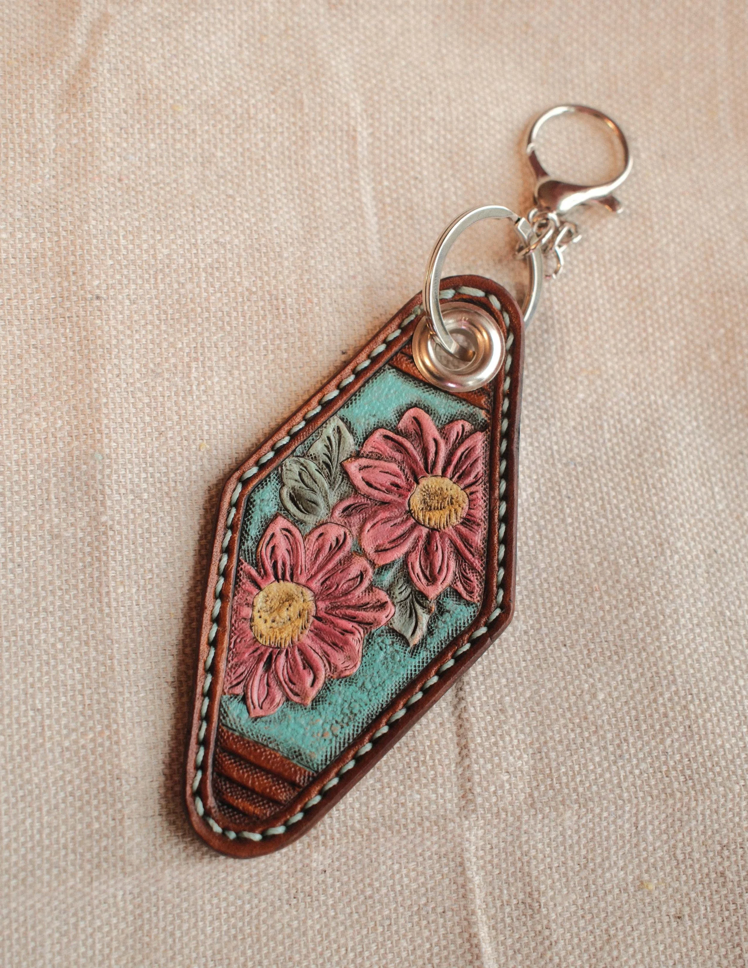 Mexican Sunflower Leather Tooled Keychain - Sky Blue & Pink
