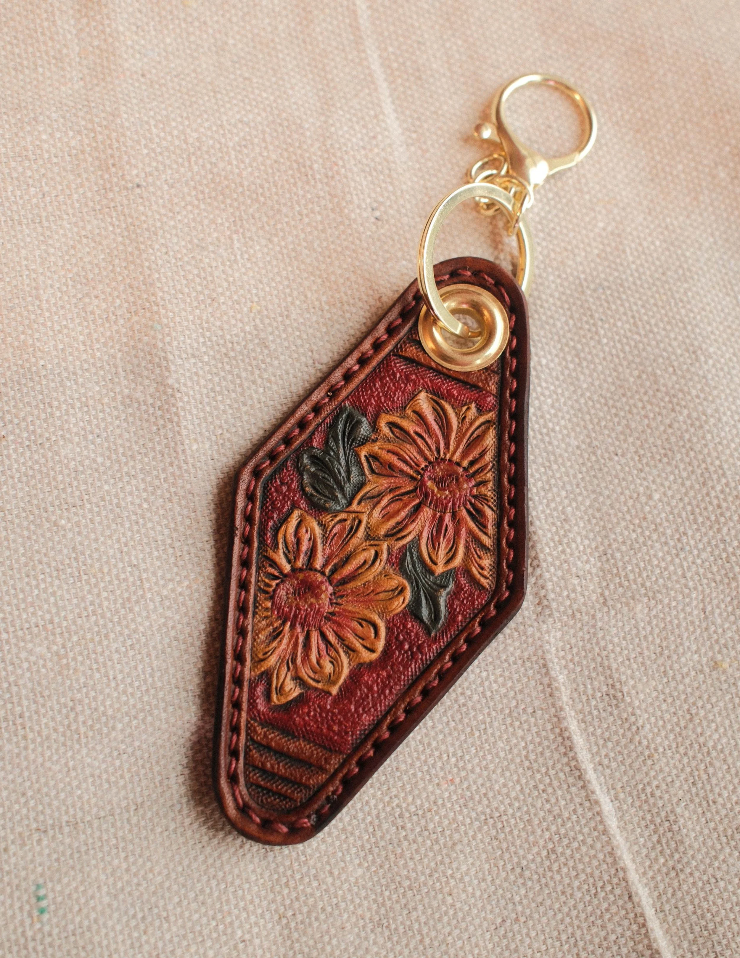 Mexican Sunflower Leather Tooled Keychain - Mustard & Red