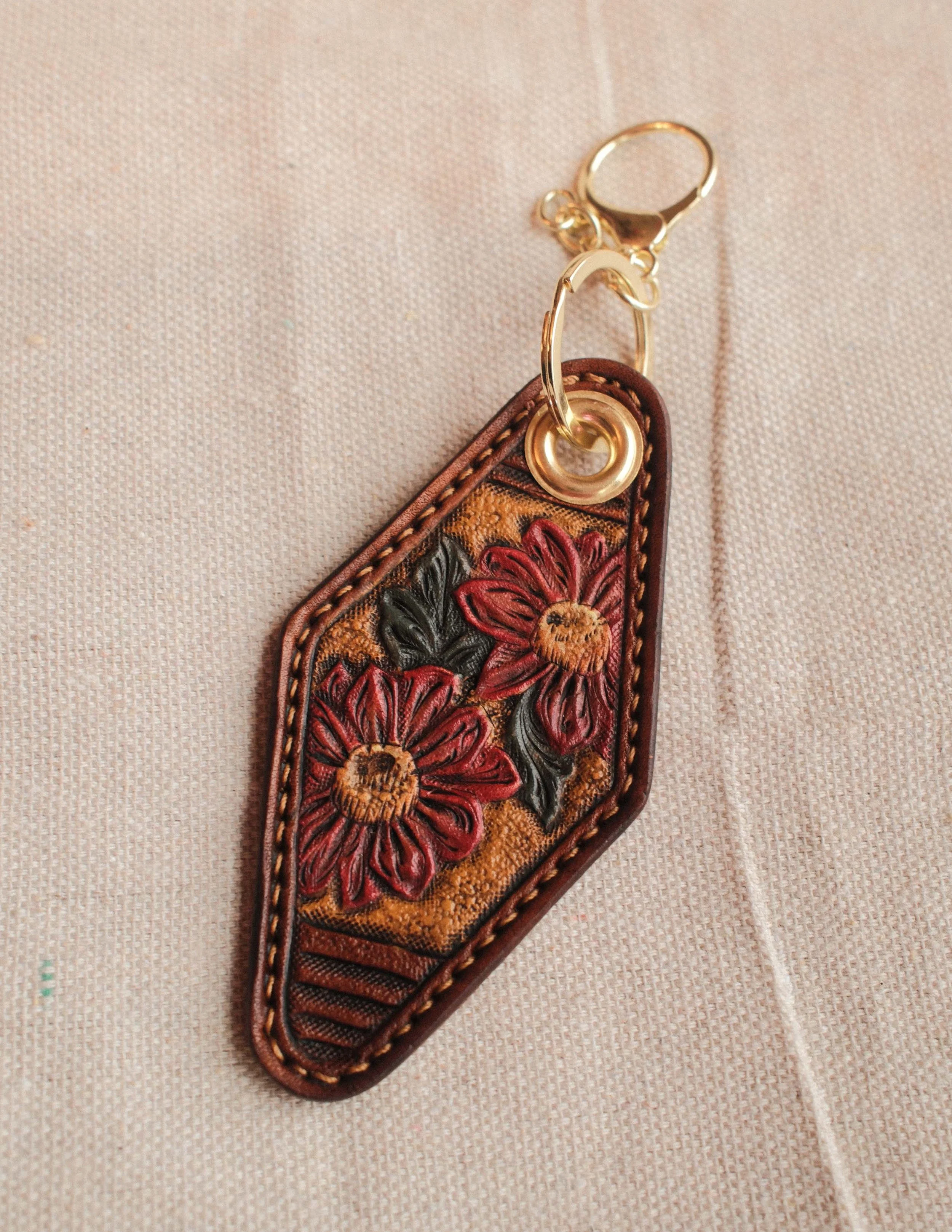 Mexican Sunflower Leather Tooled Keychain - Red & Mustard
