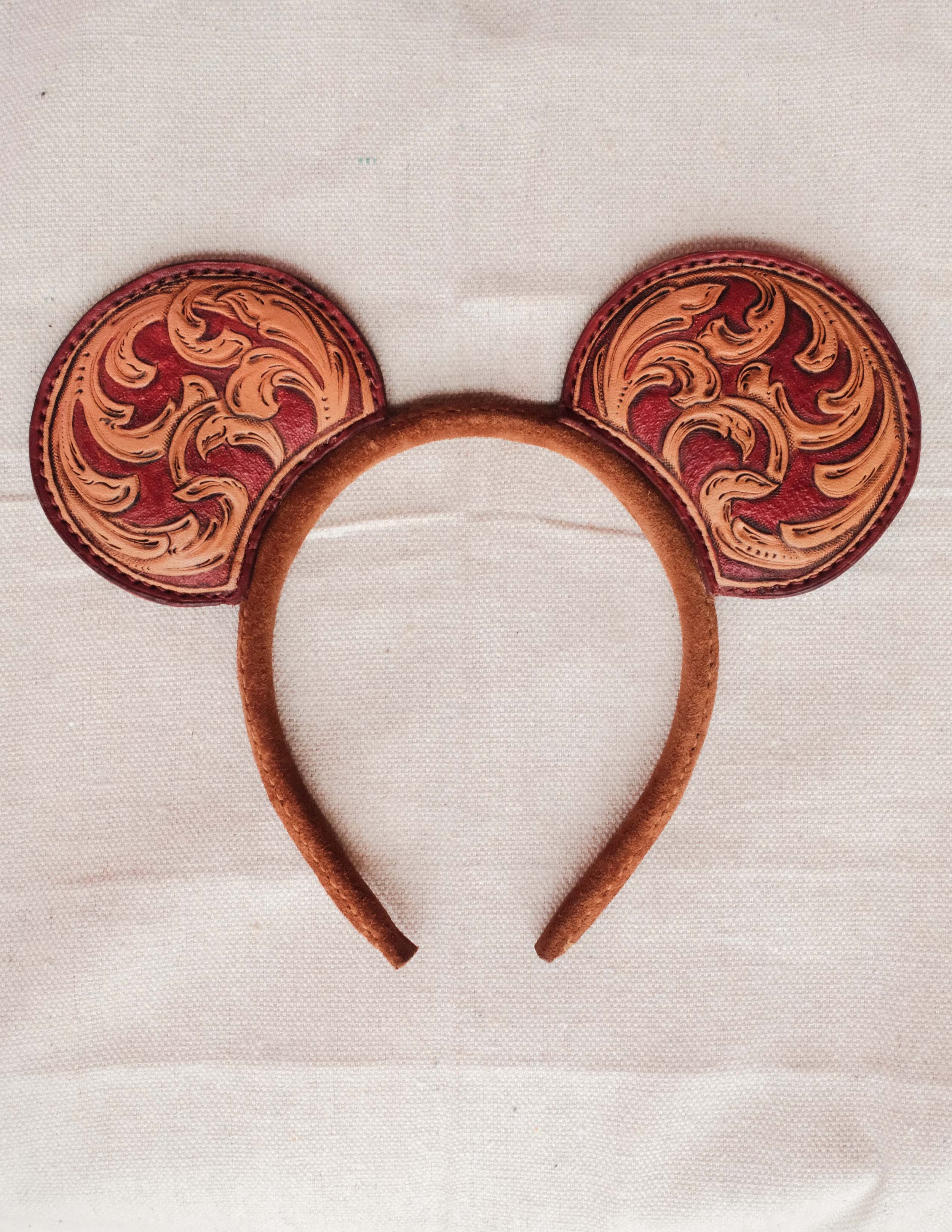 Hand Tooled Leather Theme Park Ears- Western Style Mahogany