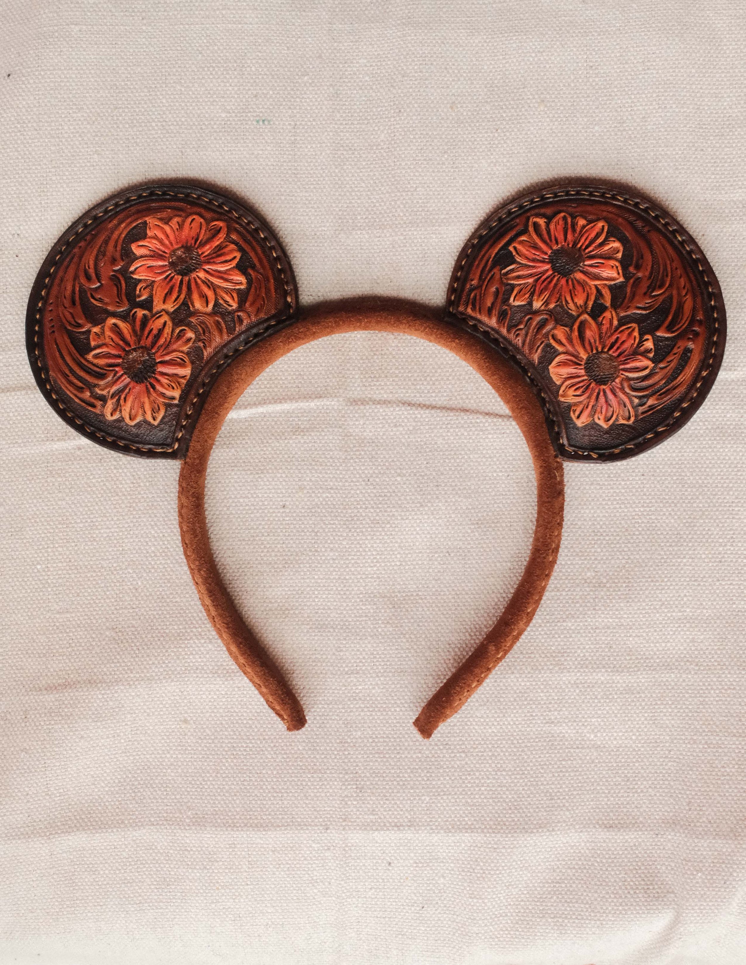 Hand Tooled Leather Theme Park Ears- Western Style Mexican Sunflowers