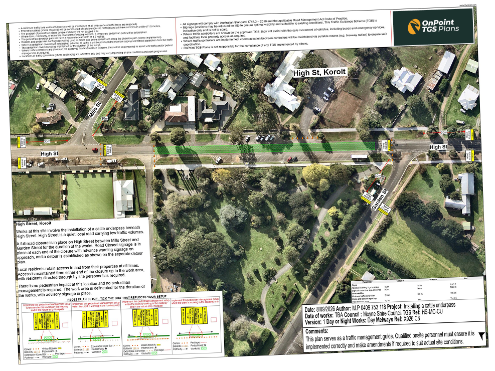Approved traffic guidance scheme by OnPoint TGS Plans for a road closure on High St, Koroit, Moyne Shire