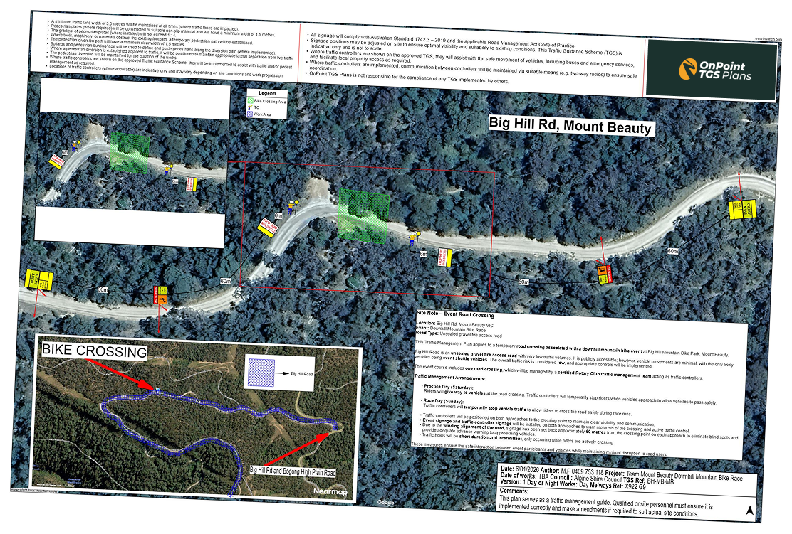 Approved traffic guidance scheme by OnPoint TGS Plans for an event road crossing on Big Hill Rd, Mount Beauty, Alpine Shire