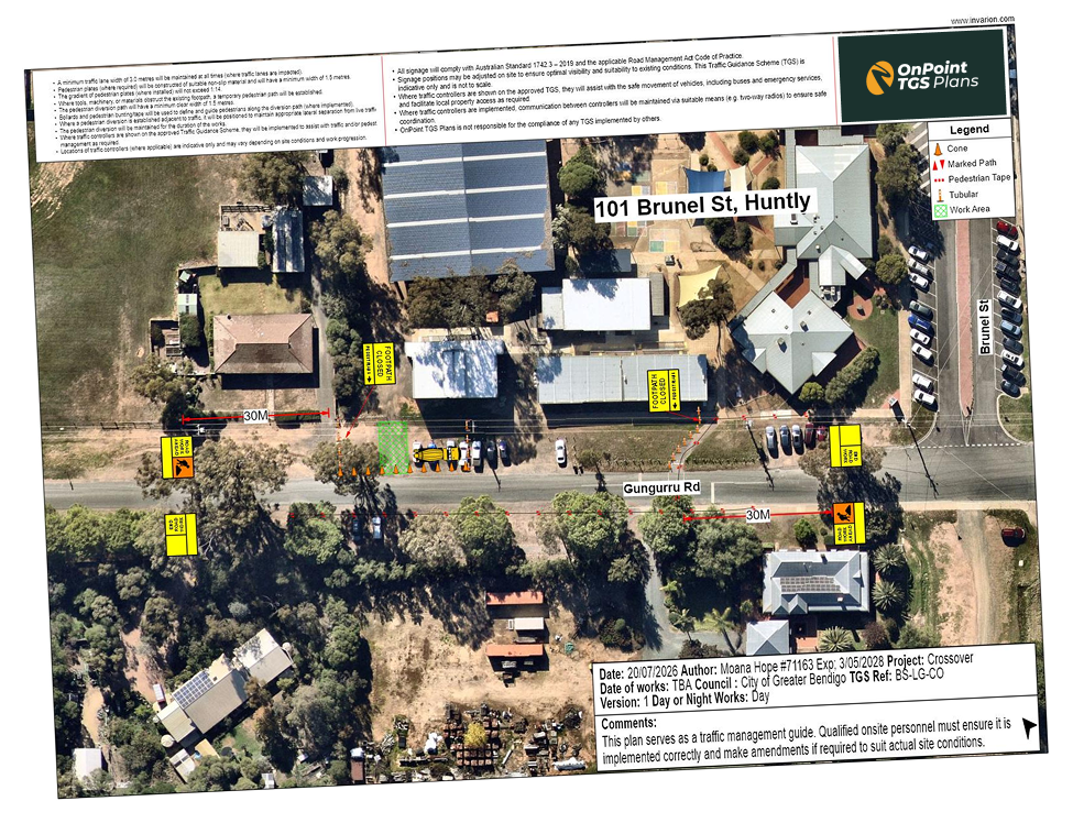 "Approved traffic guidance scheme by OnPoint TGS Plans for a crossover on Gungurru Rd, Huntly, City of Greater Bendigo