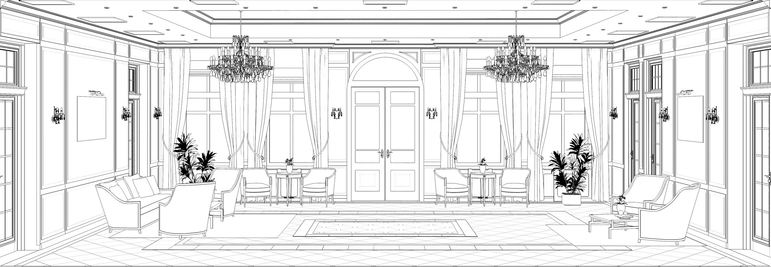 Dessin d'intérieur d'une salle élégante avec des canapés, fauteuils, grands rideaux, plantes, lustres, et portes en bois.