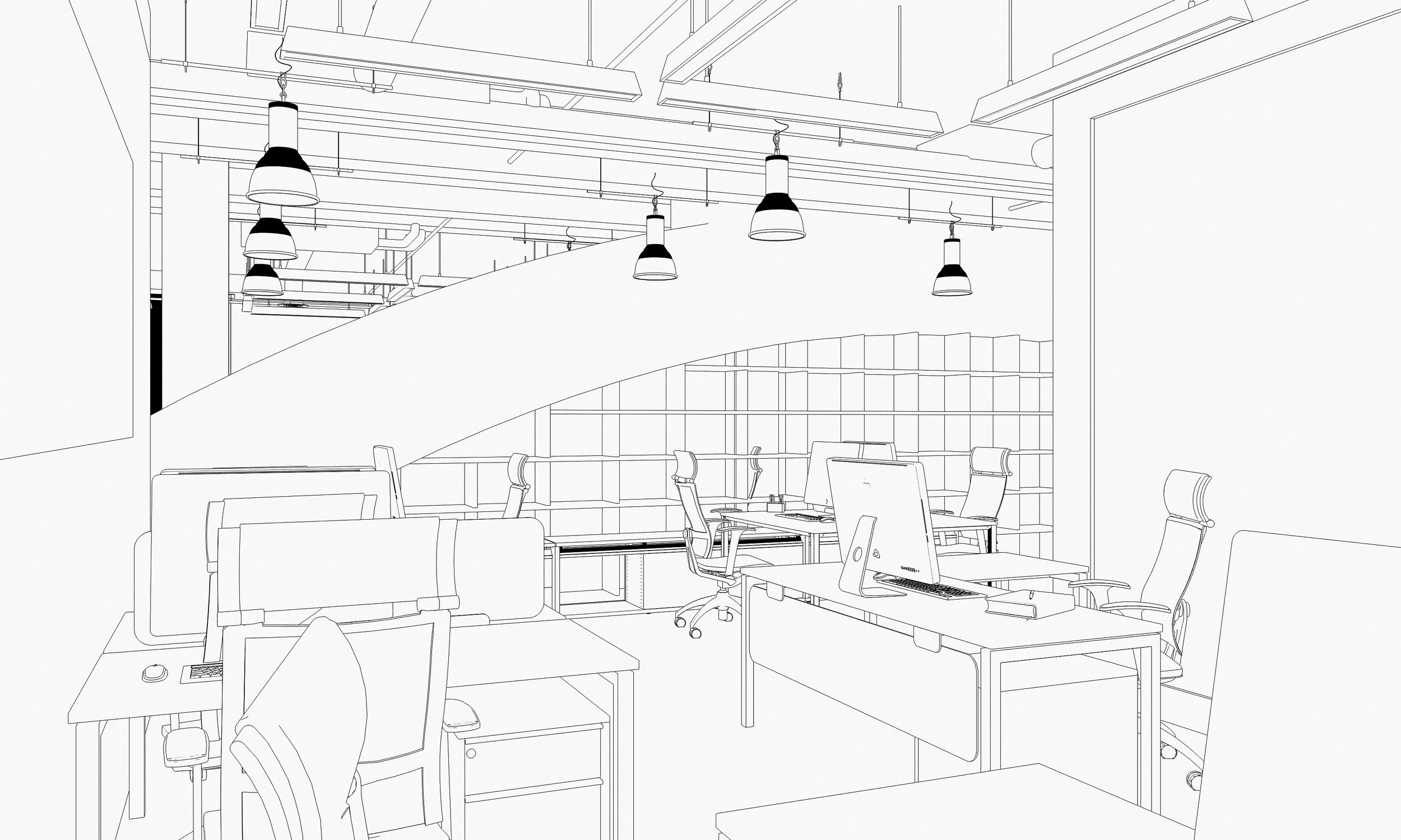 Vue d'un espace de bureau moderne avec des postes de travail, des chaises, des lampes suspendues et une bibliothèque en arrière-plan.