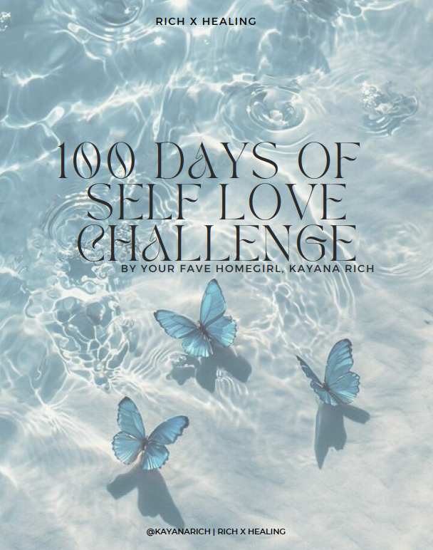 Book cover with a water ripple background, featuring four blue butterflies and the title '100 Days of Self Love Challenge' by Kayana Rich.