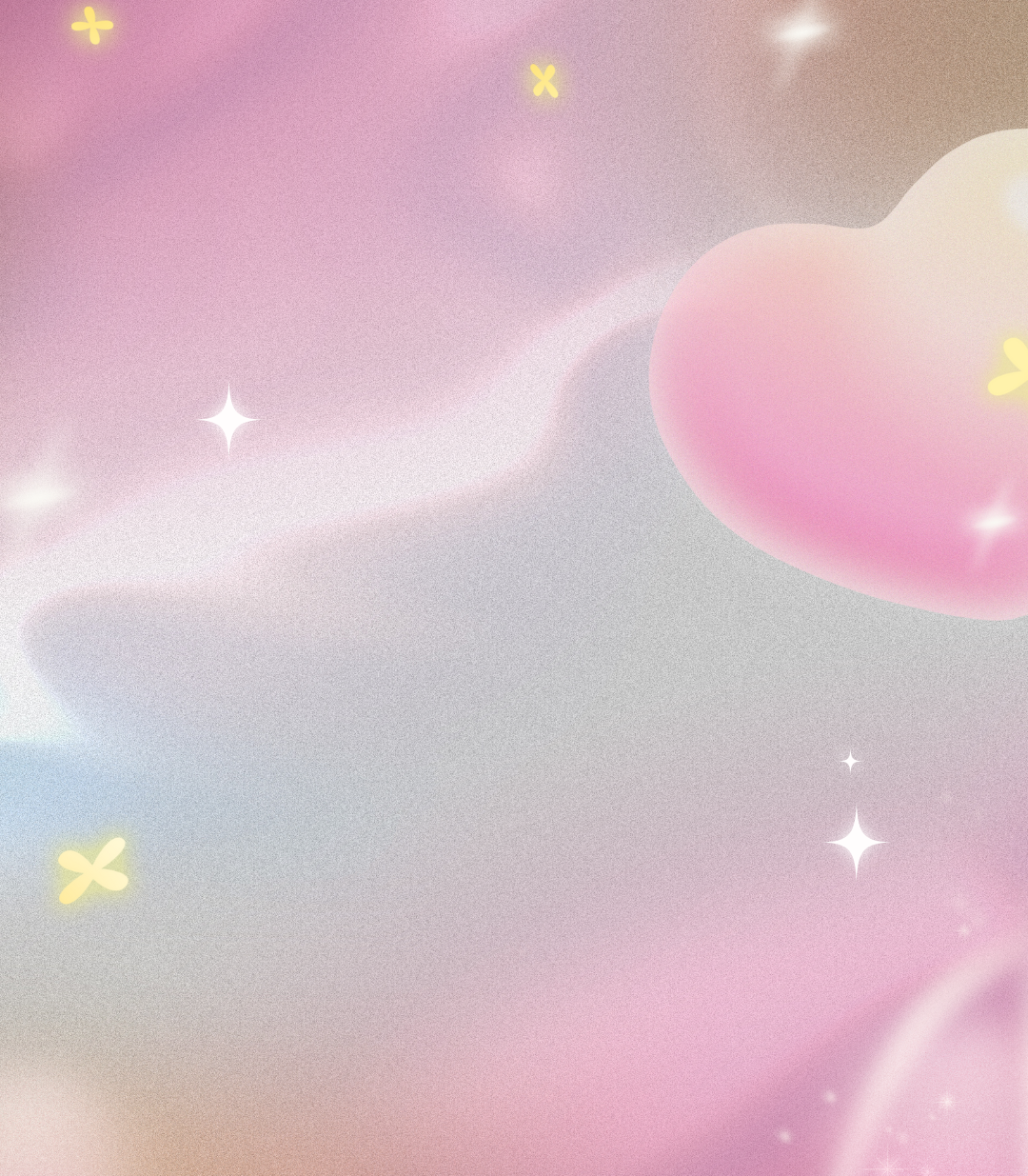 Pastel-colored, dreamy cloud background with sparkles and floating heart shapes.
