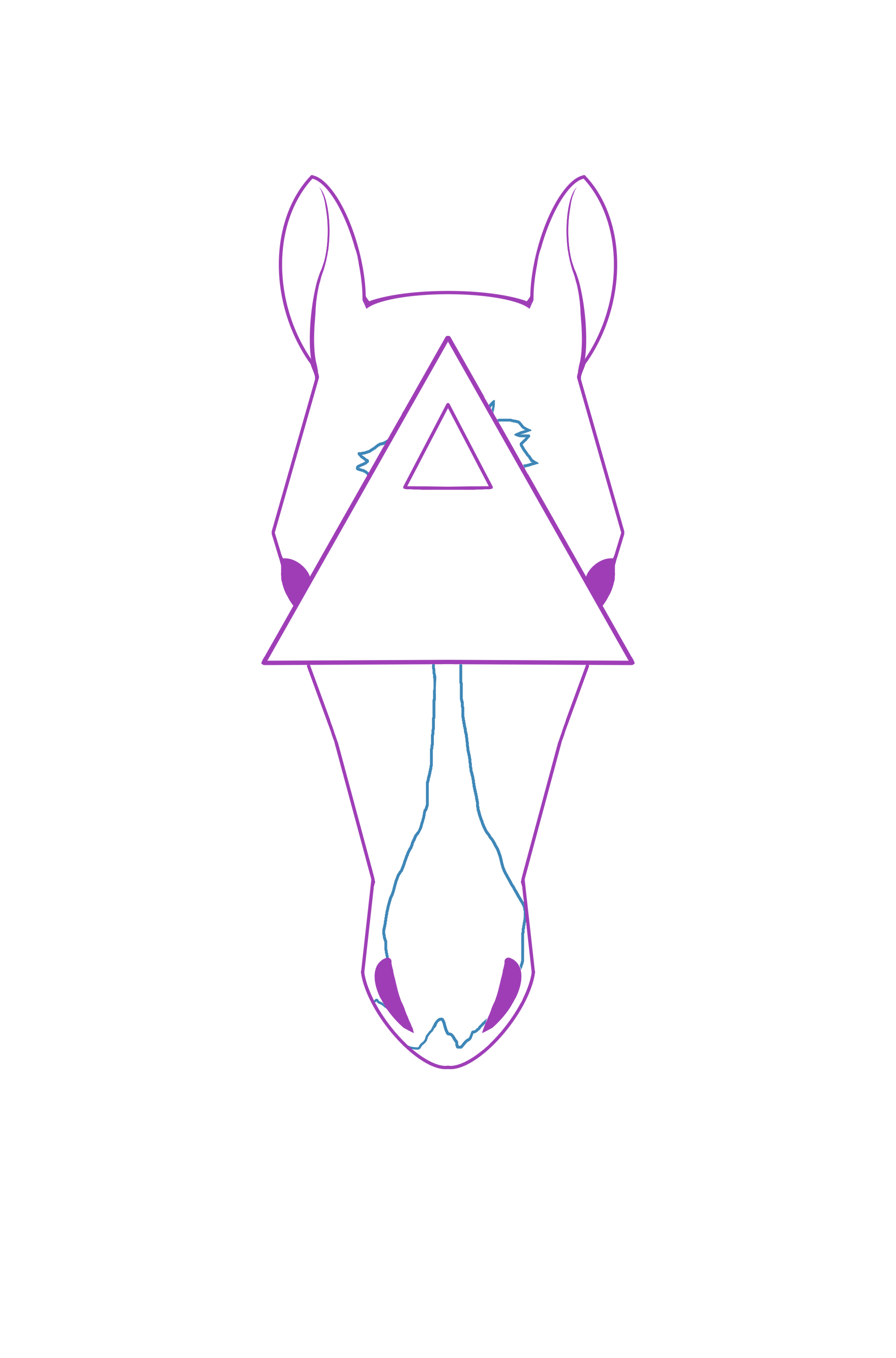 Neon outline of a horse's head with geometric shapes overlayed, including a large triangle in the center of the face and smaller triangles in the middle, with purple and blue neon lines on a black background.