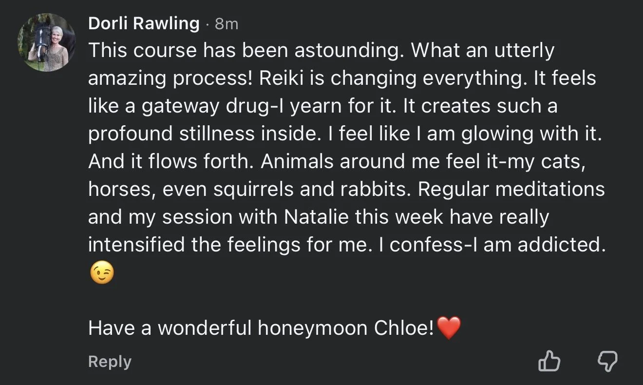 Screenshot of a Facebook comment from Dorli Rawling, praising a course about Reiki, mentioning feelings of stillness and glowing, and expressing love and wishes for a honeymoon.