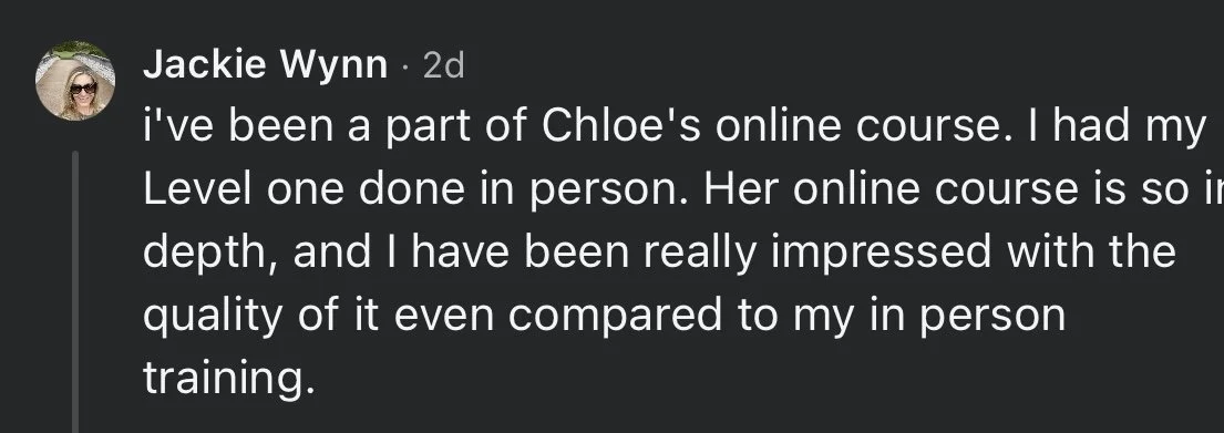 Screenshot of a social media comment by Jackie Wynn praising Chloe's online course, comparing its quality favorably to her in-person training.