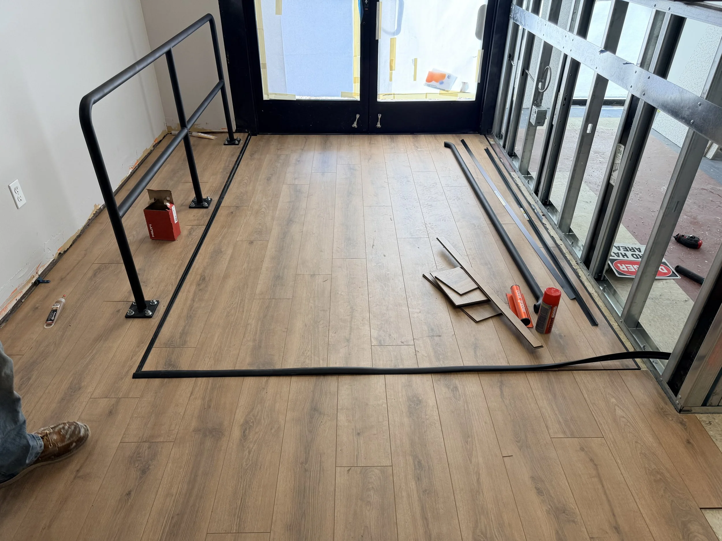 Storefront framing layout in a San Jose tenant improvement