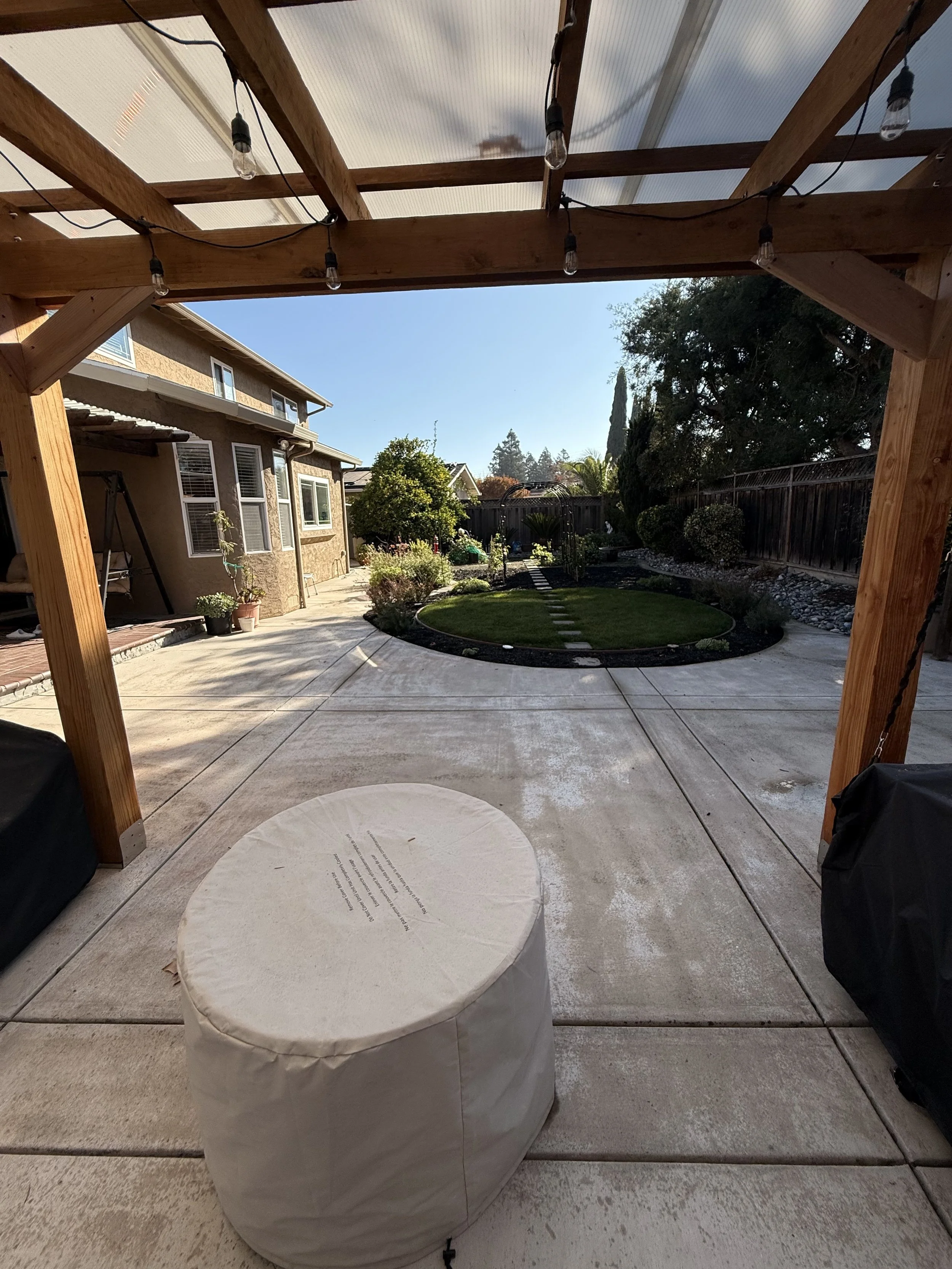 Wide view of a new pergola patio cover in San Jose