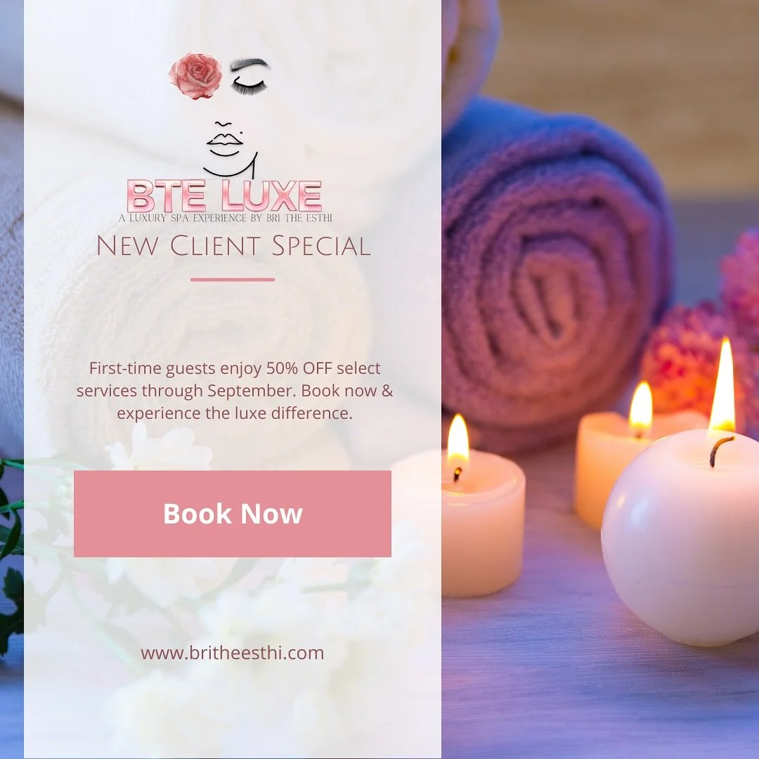 ✨ September = new season, new glow ✨
This month at BTE Luxe in Largo, MD, we&rsquo;ve got 2 ways to save on your favorite beauty services ⬇️
🌟 For New Clients
Step into luxe with 50% OFF select services &mdash; facials, brow shaping, and Brazilian w