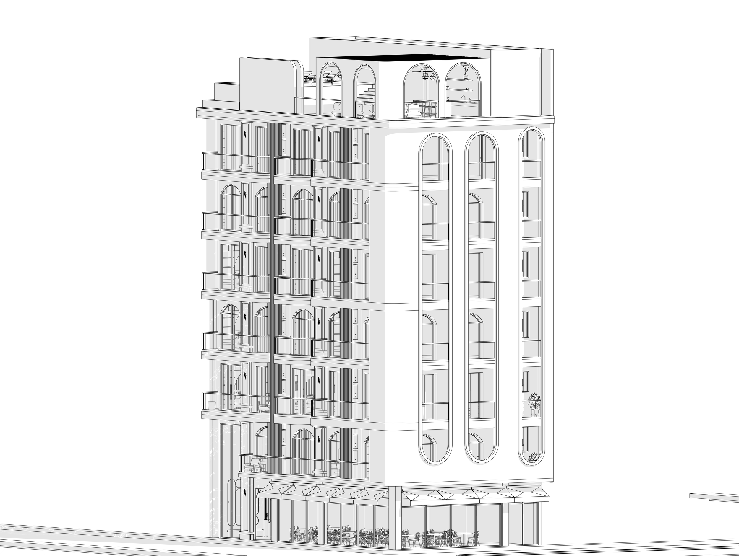 Architectural rendering of alexander luxury condos with arches and balconies.
