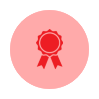 A red award ribbon badge with a circular medal and ribbon tails on a red background.