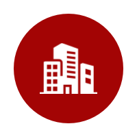 Icon of tall buildings on a red circular background.