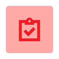 Icon of a clipboard with a checkmark on a red background