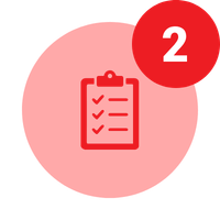 Red circle with a checklist icon and the number 2 in a smaller red circle.
