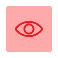 Red icon with a stylized eye symbol inside a square background.