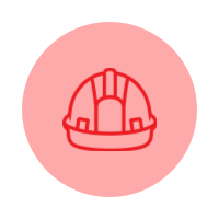 Icon of a firefighter helmet on a red circular background.