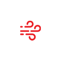 Red stylized wind icon with three horizontal lines on a black background