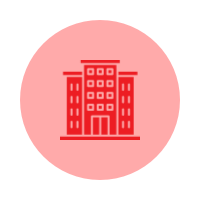 Icon of a tall building with multiple floors on a red circular background.