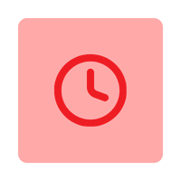 A digital clock icon with a round face and clock hands on a red background.
