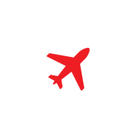 Red airplane icon with an X over it on a black background.