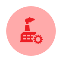 Icon of a factory with a chimney emitting smoke, inside a red circular background.