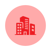 Icon of tall buildings within a red circle.