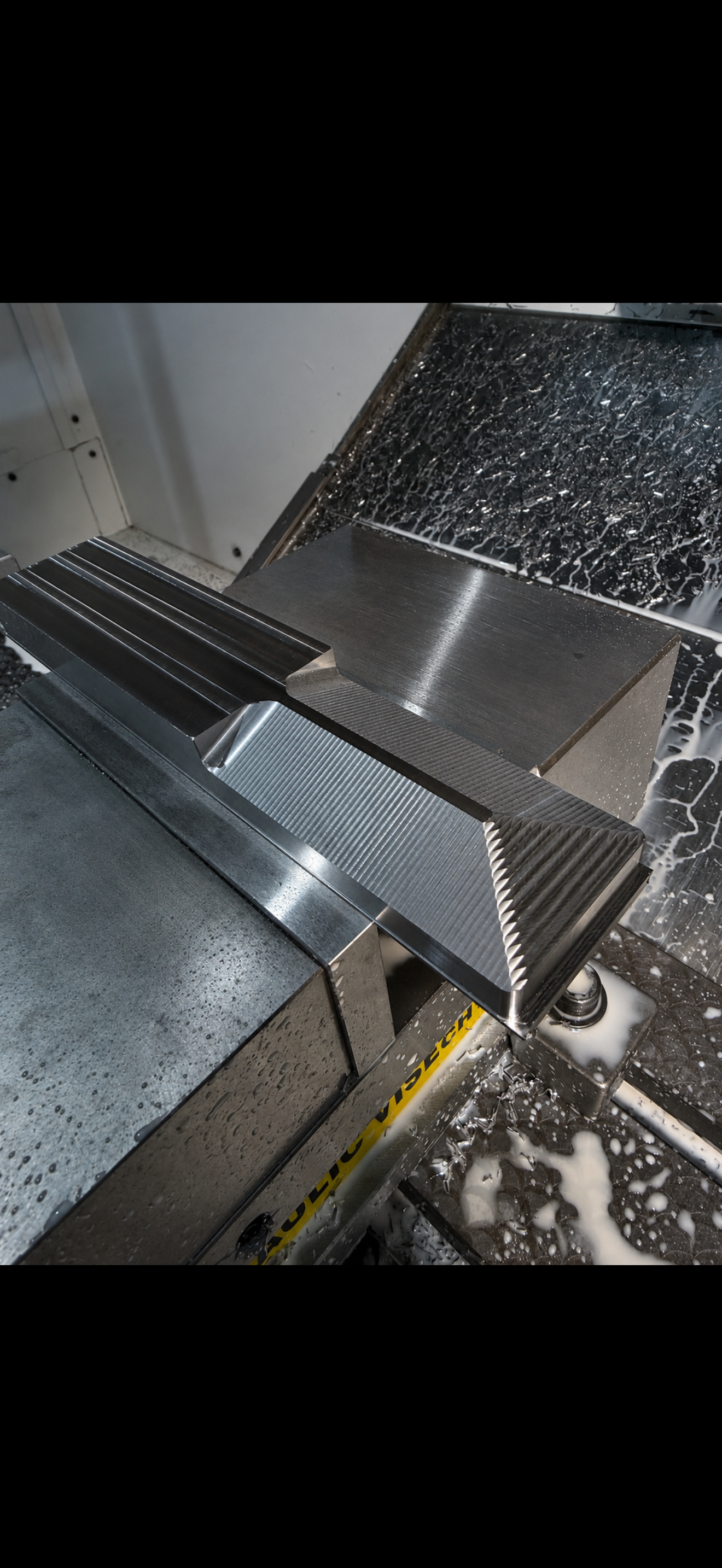 Close-up of a stainless steel industrial kitchen or food processing equipment with soap or cleaning foam, some detergent drips, and a caution tape at the bottom.