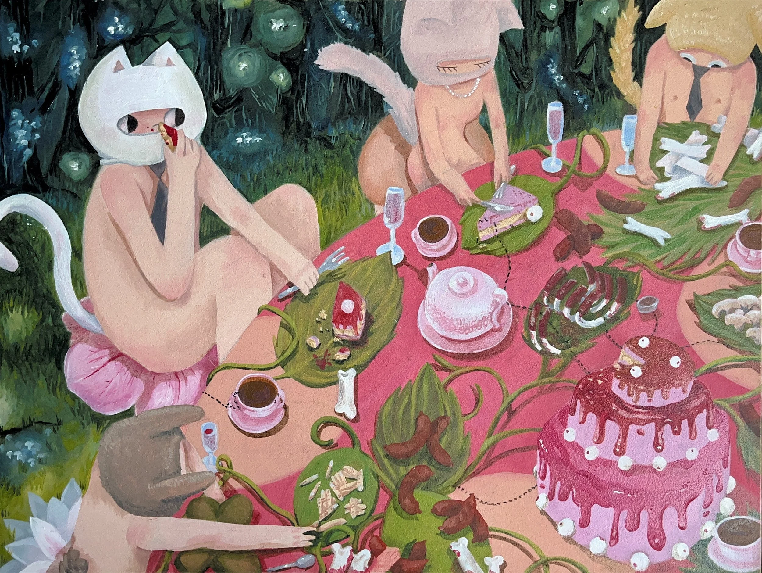 Wind: Unsuspicious Tea Party in the Gardens- oil paint on wooden panel