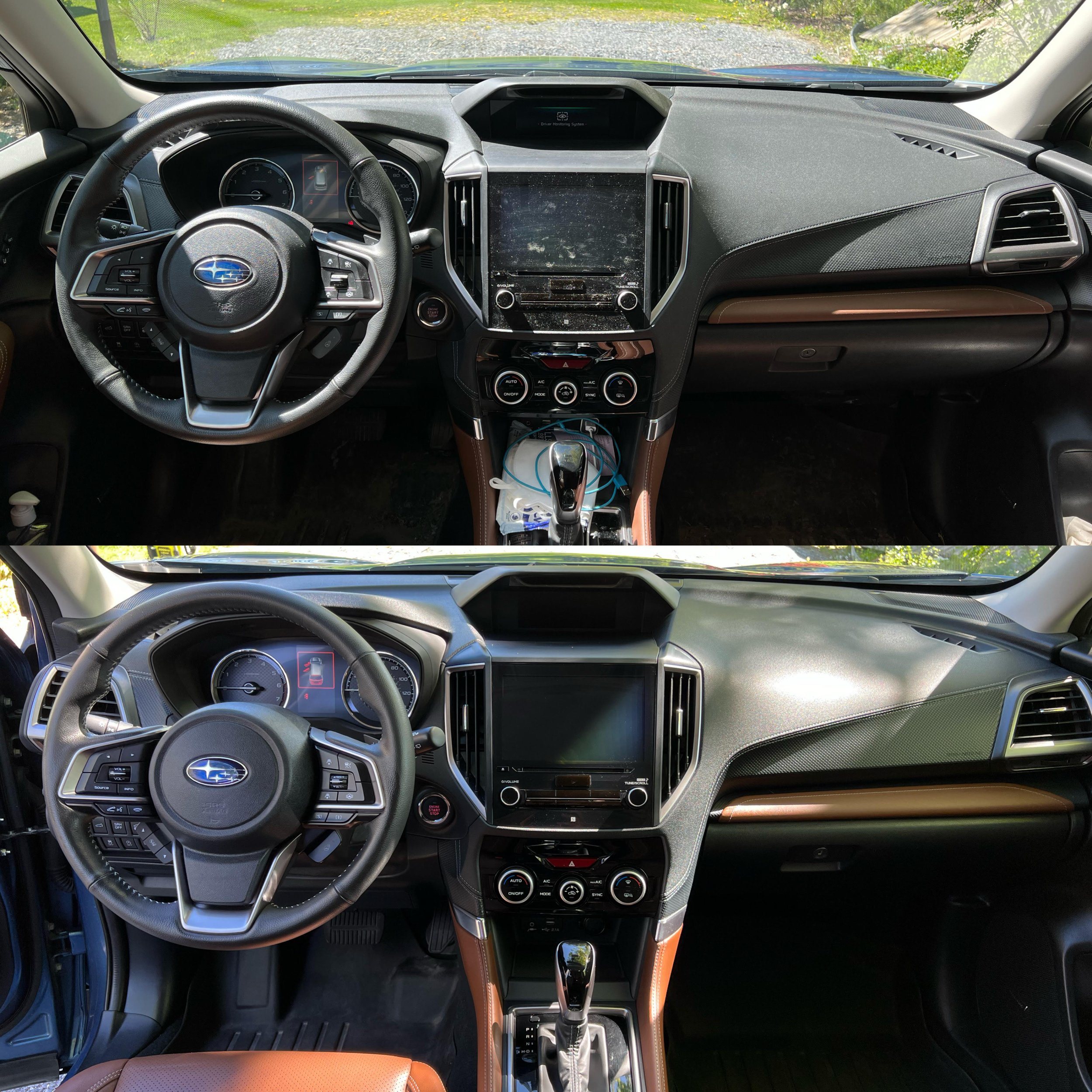 Interior view of two Subaru cars showing dashboard, steering wheel, and infotainment system.