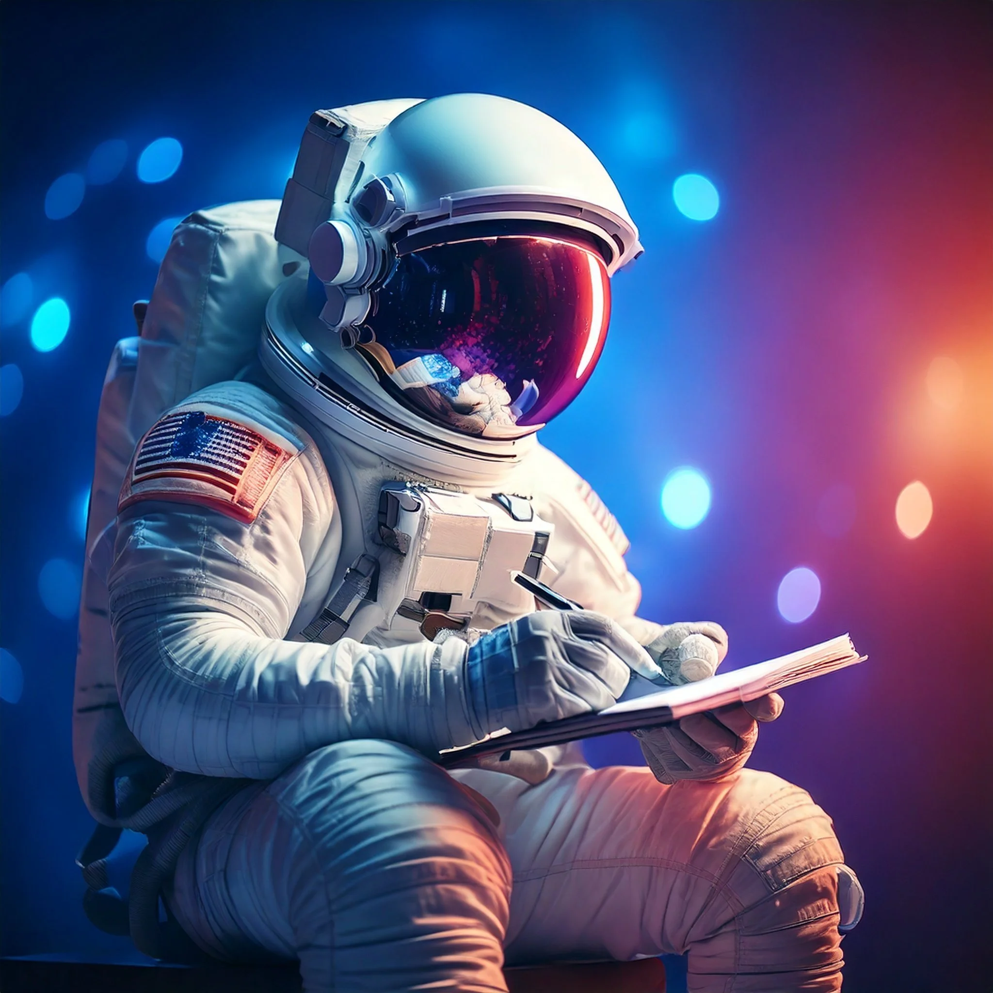 Astronaut writing in a notebook against a futuristic, glowing background—symbolizing bold ideas, limitless creativity, and forward-thinking marketing strategies.
