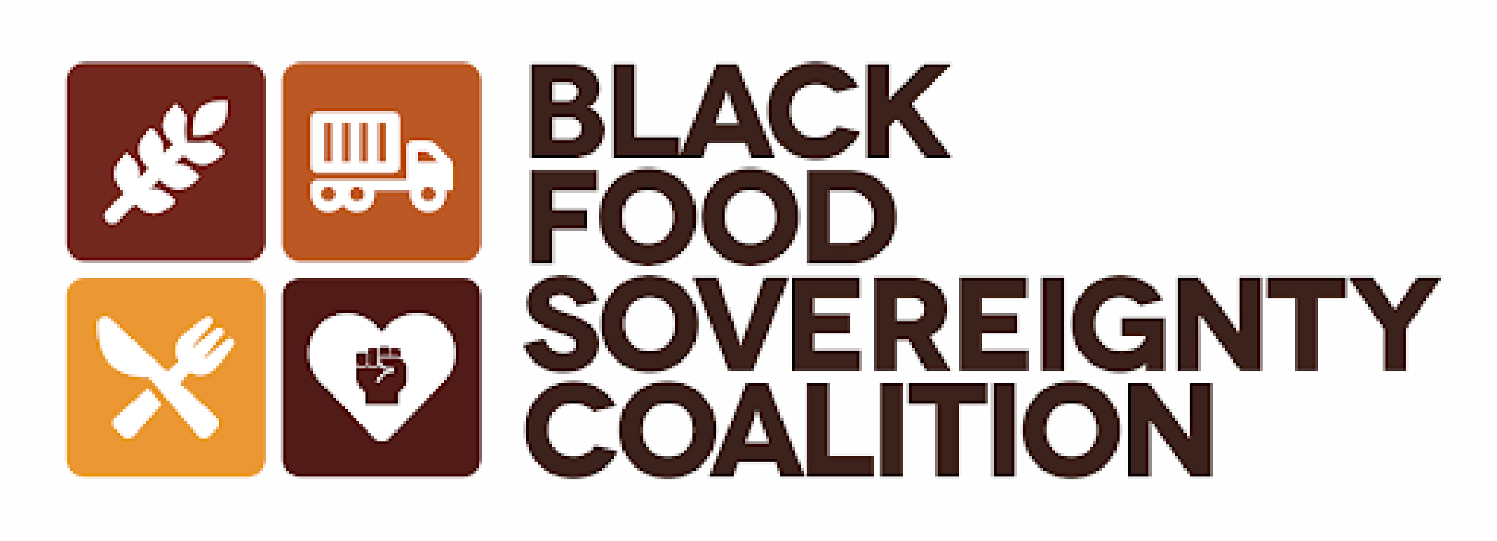 Logo of the Black Food Sovereignty Coalition with icons of wheat, a truck, cutlery, and a fist inside a heart.